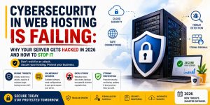 Clean corporate-style infographic showing web hosting cybersecurity risks in 2026, highlighting vulnerable servers, AI-driven threats, data breaches, and solutions like strong protection, monitoring, secure connections, and server hardening.
