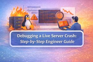 Infographic showing live server crash debugging with burning server, Linux system, error logs, engineer analyzing issues on laptop, and troubleshooting process to fix downtime and performance failures