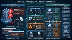 A technical infographic detailing the complete MySQL crash recovery process. It is divided into five sections: Section 1 covers Crash Incidents like OOM Killer and Disk Full; Section 2 illustrates Diagnosis via Logs showing "Killed process" and "corruption on disk" errors; Section 3 outlines Step-by-Step Resolution including Health Checks, InnoDB Redo/Undo log playback, Force Recovery levels, and Point-in-Time Recovery; Section 4 compares Managed Cloud vs. Self-Hosted recovery; and Section 5 lists Best Practices for Prevention such as RAM limits, binary logs, and 24/7 NOC monitoring.