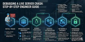 A technical infographic detailing a six-step workflow for debugging a live server crash, including Initial Triage, Infrastructure Snapshot, Kernel Forensics, Service Optimization, Network & Firewall, and Hardening & Prevent. It features an engineer in a data center with diagnostic icons and detailed checklists for each phase.