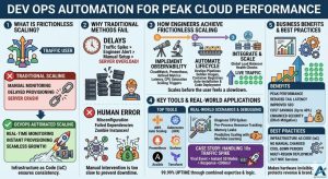 Cloud DevOps automation image illustrating auto scaling, CI/CD workflows, and infrastructure monitoring for peak performance