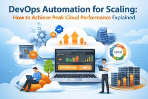 Cloud DevOps automation image illustrating auto scaling, CI/CD workflows, and infrastructure monitoring for peak performance
