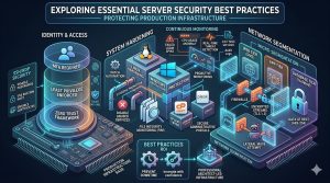 A detailed diagram of multi-layered server security. It visualizes four pillars: Identity & Access (MFA, Least Privilege, Zero Trust), System Hardening (Patching, FIM, Disabling Services), Network Segmentation (Tier Isolation), and Continuous Monitoring. Icons include Linux, Windows, cPanel, and Plesk. The structure sits on a "Production Infrastructure Base" with a sidebar for "ROI."