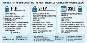 a detailed technical infographic to visually explain the key differences, security profiles, and real-world applications of FTP, SFTP, and SSH