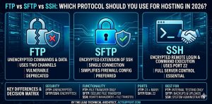 effectively convey the core concept of choosing the correct secure protocol for hosting in 2026. The graphic visually represents the mandatory choice between unsecured FTP (broken lock) and secure SFTP/SSH (solid lock), providing deep knowledge and causality for technical authority.