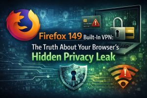 Professional illustration of Firefox 149 built-in VPN showing browser privacy protection, secure connection concept, data security shield, and potential tracking or privacy leak risks in a modern cybersecurity environment