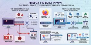 Illustration of Firefox 149 built-in VPN showing cybersecurity threats, data privacy risks, hacker intrusion, and browser-level tracking vulnerabilities with warning icons and shield protection concept