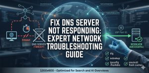 The image combines the title with visual metaphors for the troubleshooting process, featuring a diagnostic screen showing network paths, recursive query analysis, and checkmarks for successful resolution, ensuring it communicates efficiency and expert knowledge for search engine and AI discovery.
