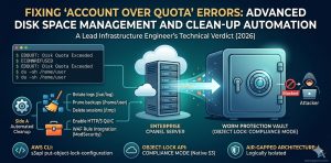 Technical dashboard visualizing 'Account Over Quota' resolution pathways, comparing an automated clean-up process with advanced technical management on a cPanel server, including diagnostic commands like du -sh, log rotation, immutable WORM protection vault with S3 Object Lock compliance mode, and HTTP/3 QUIC activation for enterprise scalability.