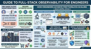 Infographic detailing the full-stack observability framework for engineers, contrasting basic cloud monitoring with a 3-step automated scaling approach utilizing OpenTelemetry, Prometheus, and Grafana for actsupport.com managed cloud support.