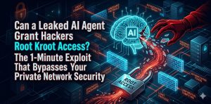 An infographic diagram illustrating a private network security breach. A large text title in the center reads: 'Can a Leaked AI Agent Grant Hackers Root Access? The 1-Minute Exploit That Bypasses Your Private Network Security.' The background is a dark isometric server room with various technical labels like 'Ghost Commands' and 'Ephemeral Containers'. A glowing blue digital brain with an 'AI' label is positioned on the right, with a large red hacker hand reaching in to break it. Corrupted data flows down from the broken brain and shatters glowing blue firewall walls before physically breaking open a lock labeled 'Root Access' on the bottom right.