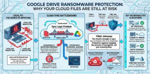An infographic illustrating how ransomware infects local PCs and syncs to Google Drive, including solutions for prevention.