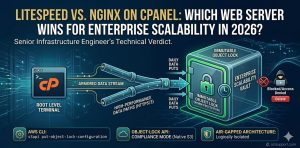 Technical architecture diagram comparing LiteSpeed and NGINX scalability on a cPanel server, featuring high-performance HTTPS/3 data paths, immutable WORM protection vault, and root-level CLI configurations for enterprise infrastructure management.