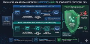 Detailed technical architecture diagram comparing LiteSpeed Enterprise (Path A) and NGINX Reverse Proxy (Path B) scalability on a cPanel server, illustrating hop reduction via native LSAPI, HTTPS/3 QUIC support, and an integrated immutable WORM protection vault with S3 Object Lock compliance mode for ransomware-proof data restoration.