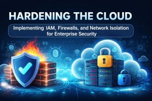 Illustration of cloud security hardening showing IAM access control, firewall protection, and network isolation securing cloud infrastructure