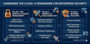 Technical infographic showing the three pillars of cloud hardening: IAM (Zero-Trust, RBAC), Firewalls (Security Groups, NACLs), and Network Isolation (Private Subnets, NAT Gateways) managed by actsupport.com.