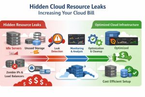 Cloud resource leaks infographic showing idle servers, unused storage, and cost optimization using monitoring and DevOps automation