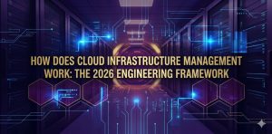 Infographic illustrating cloud infrastructure management in 2026 with cloud servers, monitoring dashboards, AWS environment, automation tools, and engineers managing performance, security, and scalability in modern cloud systems