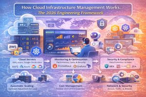 Detailed infographic showing cloud infrastructure management workflow in 2026 including cloud servers like AWS, Azure, and Google Cloud, real-time monitoring tools such as Prometheus and Grafana, automated scaling, cost optimization, security compliance, and network management with engineers managing performance and uptime