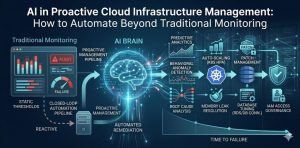 A detailed infrastructure map illustrating AI-driven cloud management including predictive analytics, behavioral anomaly detection, root cause analysis, and automated tasks like patch management, memory leak resolution, and database tuning.