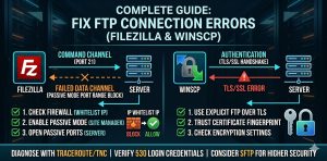 The FTP Data Channel Flow: A diagram showing the Client initiating a command on Port 21, and then the Server and Client negotiating a separate Data Channel on a port like 30005 (within the 30000-35000 range). Label the points where firewalls typically block these connections, specifically highlighting the "Failed Data Channel" due to Passive Mode port range block. The right side can juxtapose the secure "Explicit FTP over TLS" flow to clarify common SSL error resolutions.
