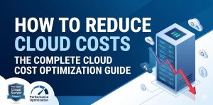 An infrastructure engineering dashboard illustration showing a downward-trending expense graph next to a 3D server rack, representing effective cloud cost optimization strategies and managed Linux server support for reduced AWS and Azure billing.