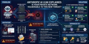A technical infographic detailing the Anthropic AI leak and security mitigation. The left side shows the problem: leaked source code and orchestration logic leading to CVE-2026-35022 vulnerabilities and prompt injections. The center illustrates a hacker with a "Roadmap for Hackers" leading to a "Private Network Access" breach. The right side presents the solution: a 4-step hardening process including API rotation, Docker sandboxing, and HITL, along with advanced fixes like Intent Gates and Watchdog Agents.