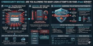 A detailed technical infographic analyzing cPanel brute-force attacks and mitigation. The left shows the problem: automated bots exploiting high login attempt thresholds, causing resource exhaustion and OSI model failures (Root Cause Analysis: PAM, SSHD, DOVECOT). The right shows the solution: hardening the perimeter with cPHulk (WHM configuration) and CSF (kernel firewall integration) with advanced fixes like permanently banning IPs (LF_CPANEL). Features include a technical diagram comparing application vs. network filtering, an "Engineer's Toolkit" of commands, and hardening best practices like using SSH Keys and 2FA. The size is 1200x600.