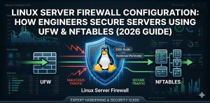 The image effectively combines the title with visual metaphors for firewall security. It features a digital shield protecting a Linux server icon, with distinct sections illustrating how inbound traffic is routed through UFW for simpler rule-based control and Nftables for complex, high-performance filtering.