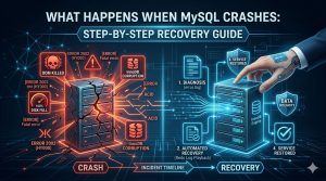 A diagram illustrating the stages of a MySQL crash (OOM, Disk Full, Corruption) transitioning to a structured recovery process (Diagnosis, Automated Recovery, PITR, Service Restore) ensuring data integrity.