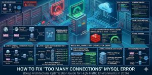 This detailed infographic contrasts a traditional, single-instance bottleneck (showing high stress and red attack warnings) with a futuristic, multi-tiered optimization engine that includes highly specific features like hierarchical connection pooling, distributed Redis clusters, parallel read replication across geographical regions, predictive I/O scheduling, and a detailed configuration tuning dashboard that lists crucial variables and their optimized 2026 values.
