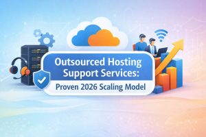 Infographic showing outsourced hosting support services with cloud infrastructure, server management team, growth chart, and 24/7 technical support concept illustrating scalable hosting support model in 2026