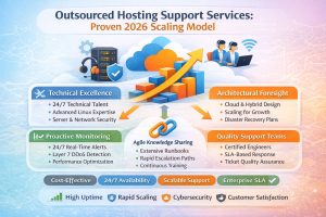 Detailed infographic showing outsourced hosting support services model for 2026 with technical excellence, proactive monitoring, architectural foresight, and support teams, including cloud infrastructure, server management, real-time monitoring, scalability, uptime, and cybersecurity elements
