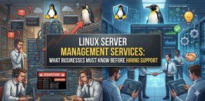 A professional dual-pane illustration contrasting server room chaos with managed infrastructure. On the left, stressed technical staff handle messy cabling, "Downtime" alerts on monitors, and rising red error graphs. On the right, a clean data center environment shows calm professionals shaking hands, glowing green "Uptime" dashboards, and shield icons. A central dark gray banner features the bold text: "LINUX SERVER MANAGEMENT SERVICES: WHAT BUSINESSES MUST KNOW BEFORE HIRING SUPPORT." The design uses a realistic comic-book style with corporate blue tones and Linux penguin motifs.