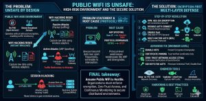 Infographic explaining public WiFi security risks, including packet sniffing, ARP spoofing, session hijacking, and step-by-step methods to secure public WiFi using VPN, MFA, and zero-trust security