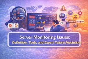 Infographic showing server monitoring issues with error alerts, monitoring dashboards, tools like Prometheus, Zabbix and Nagios, engineer troubleshooting failures, and real-time server performance analysis