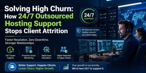 24/7 outsourced hosting support team monitoring servers to reduce downtime and improve client retention
