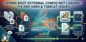 Troubleshooting diagram for Spring Boot external configuration loading issues in Linux, showing the disconnect between internal JAR defaults, OS Environment Variables, and the Tomcat service user context with the setenv.sh and CATALINA_OPTS resolution.