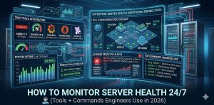 Server health monitoring tools and Linux commands for tracking CPU, memory, disk, and network performance
