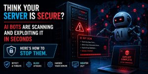Futuristic cybersecurity banner showing an AI robot scanning and exploiting a vulnerable server in real time, highlighting how AI bots detect open ports, find weaknesses, and gain access within seconds, with emphasis on stopping attacks through detection, blocking, server hardening, and 24/7 monitoring.