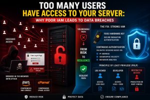 Infographic showing how poor Identity and Access Management (IAM) leads to data breaches, highlighting excessive user access, session token theft via BitB attacks, and compromised AWS and cPanel systems, alongside secure solutions like FIDO2 authentication, continuous session validation, and least privilege access control.