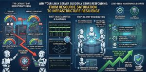 A 1200x600 technical infographic explaining why Linux servers stop responding. The left section, "THE CATALYSTS OF UNRESPONSIVENESS," uses gauges to show CPU load, Memory exhaustion (OOM), Disk I/O bottlenecks, and Network saturation leading to a "Cascading Failure." The middle section, "ROOT CAUSE ANALYSIS & DIAGNOSIS," displays terminal windows with system logs, kernel panic errors, and a service deadlock diagram. The right section, "STEP-BY-STEP STABILIZATION," depicts a team of technical robots at a control console restoring access and optimizing subsystems. The bottom-right features a rising green arrow for "INFRASTRUCTURE RESILIENCE" with icons for 24/7 support and server hardening. The main title is centered: "WHY YOUR LINUX SERVER SUDDENLY STOPS RESPONDING: FROM RESOURCE SATURATION TO INFRASTRUCTURE RESILIENCE."