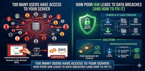 Infographic showing how poor IAM causes data breaches and how to fix it. The left side highlights excessive access, session token theft via BitB attacks, and compromised consoles. The right side shows secure IAM with FIDO2 authentication, continuous session validation, and least privilege access controls, illustrating the shift from vulnerable to resilient infrastructure.