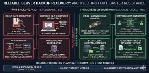 Infographic detailing a modern, resilient approach to reliable server backup recovery. It contrasts a "vulnerable path" of legacy backups, which fail due to silent corruption, Browser-in-the-Browser (BitB) token theft, attacker control of consoles, and single-point failures, against a hardened "resilient path." The recommended solution includes FIDO2 hardware keys (e.g., YubiKey) for origin-bound security, block-level immutable storage (S3 Object Lock/WORM), and continuous authentication. The diagram maps a "restoration-first mindset" workflow: conducting regular recovery drills (NMAP/TCPDUMP), validating RTO/RPO metrics, and guaranteeing restoration and uptime. Arrows illustrate that modern solutions (like immutable backups and hardened SFTP/SSH architecture) directly counter the vulnerabilities (like token theft and console purges).
