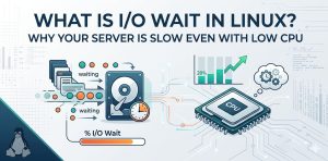 It establishes a strong visual contrast, showing an agile CPU with low utilization on one side and a heavily stressed disk subsystem causing massive latency on the other, visualizing the "I/O Wait" bottleneck that causes slow servers even when the processor appears idle.