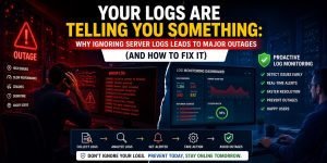 Server log monitoring infographic showing how ignoring logs causes outages and how proactive monitoring prevents failures