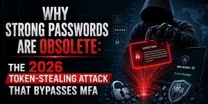 Futuristic cybersecurity banner showing a hooded hacker stealing an access token while MFA verification appears bypassed, illustrating the 2026 token-stealing attack and why strong passwords alone are no longer enough.