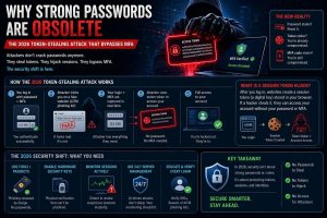 Infographic explaining why strong passwords are obsolete in 2026, showing a hacker stealing session tokens to bypass MFA, step-by-step token hijacking process, and key security solutions like FIDO2, hardware keys, session monitoring, and 24/7 server management.