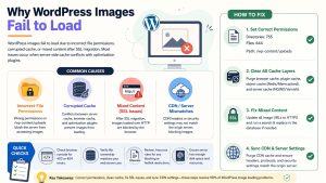 Infographic showing WordPress image loading issues caused by file permissions, cache conflicts, mixed content, and CDN mismatch with step-by-step fixes