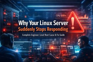 Linux server not responding due to CPU, memory, and disk bottlenecks with monitoring dashboard visualization
